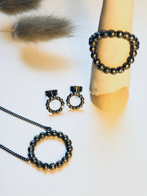 Cirkel smykkesæt i oxideret sølv