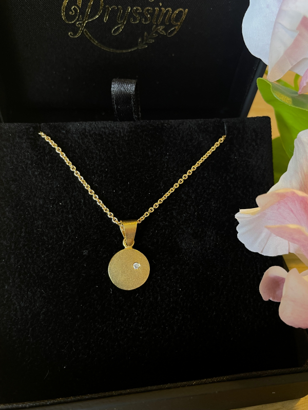 Rundt forgyldt sølvvedhæng med zirkonia sten