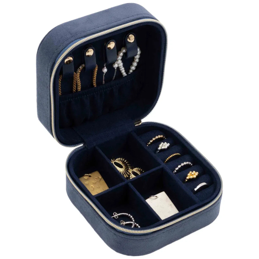 Blåt velour smykkeskrin åbent